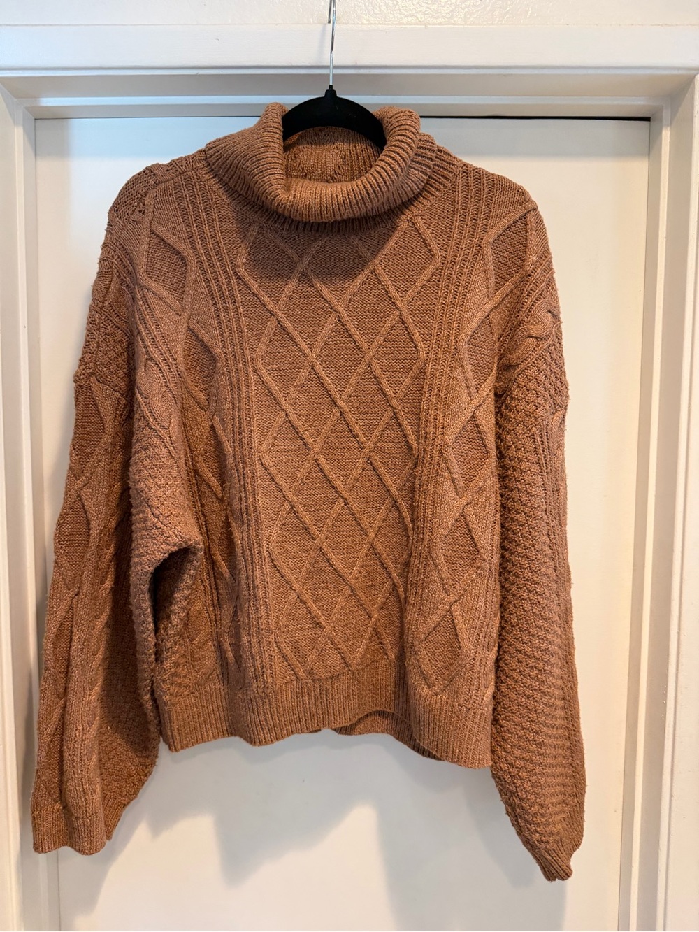Camel Cable-Knit Turtleneck Sweater
